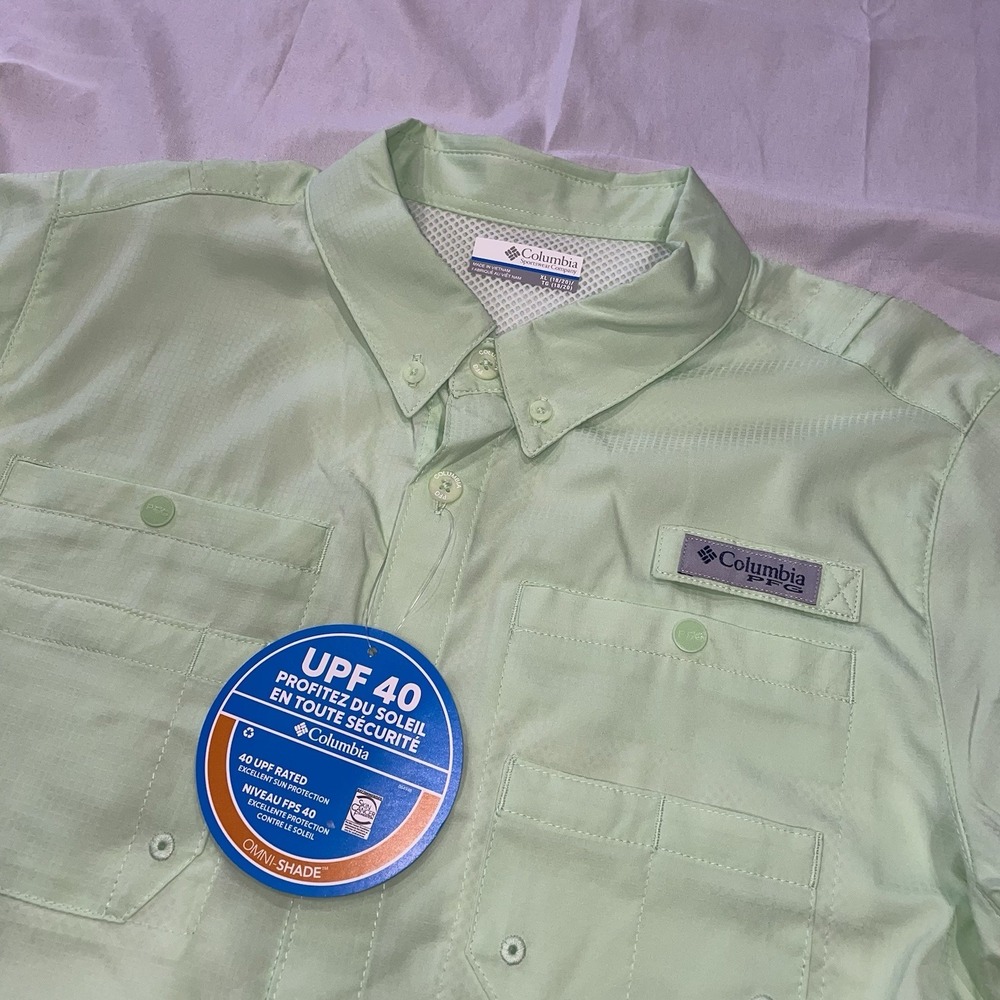 Columbia PFG Shirt Boys XL 18/20 Green‎ Short Sleeve Fishing UPF 40 New